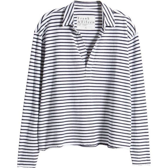 Frank & Eileen Women's Navy White Patrick Stripe Popover Henley Top Large NWOT - Picture 1 of 11